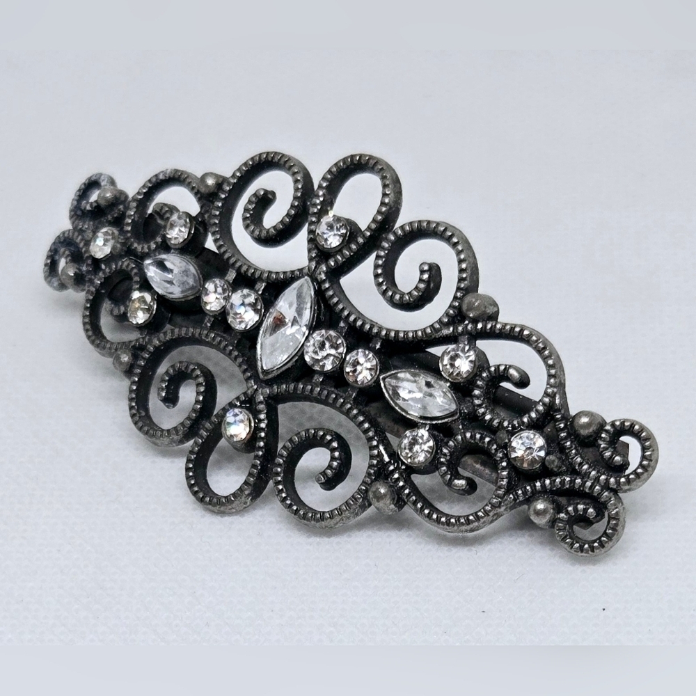 Vintage Dark Silver Filigree Rhinestone Hair Barrette Victorian - Picture 3 of 5